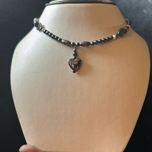 Vintage y2k hematite and sterling silver beaded necklace with heart lariat